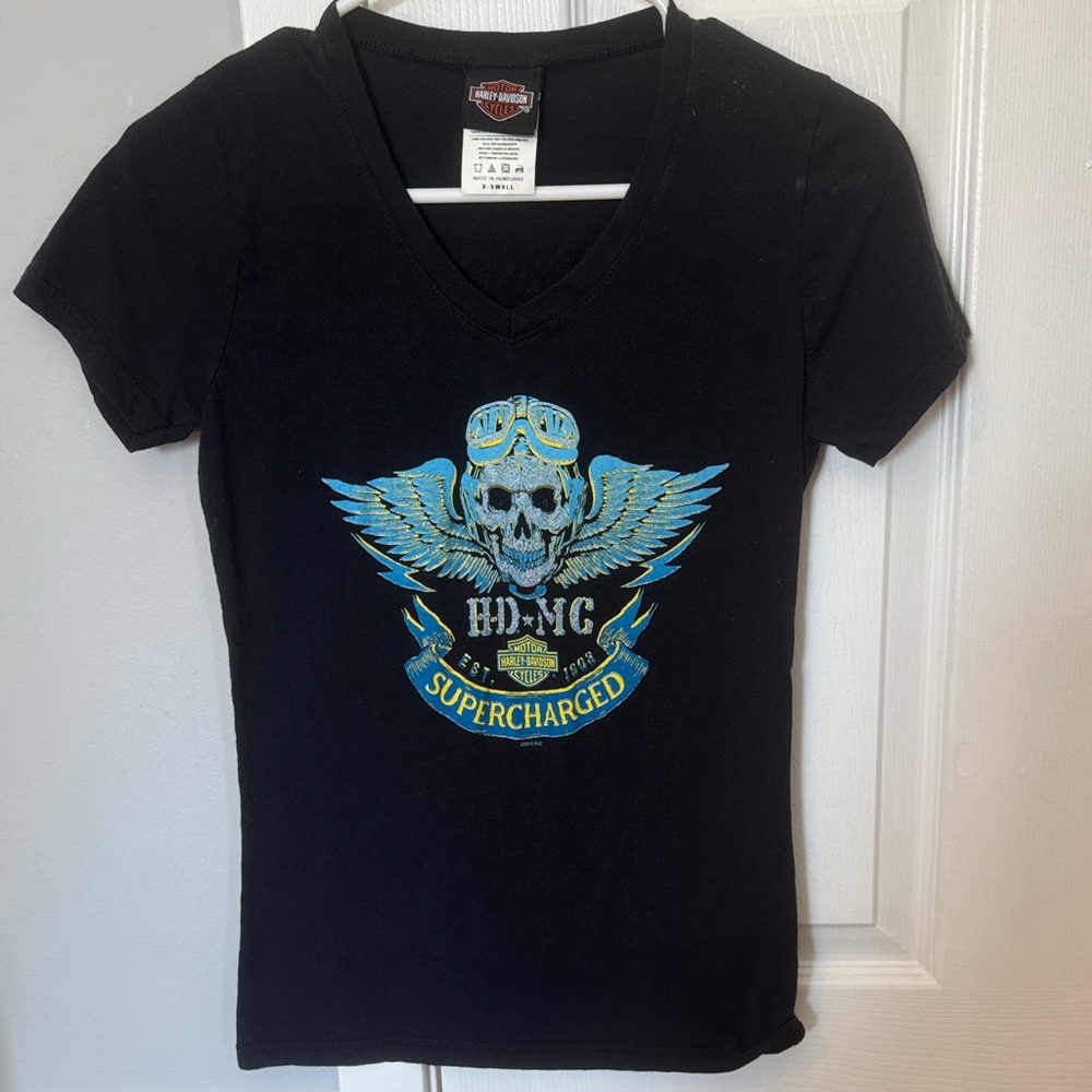 Harley Davidson Black Supercharged Women's V-Neck Top